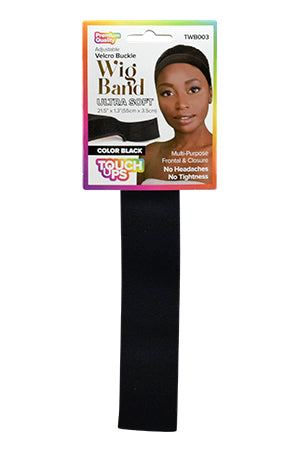 Packaging of Touch Ups Adjustable Buckle Wig Band in black color, showing the product and the model wearing it.